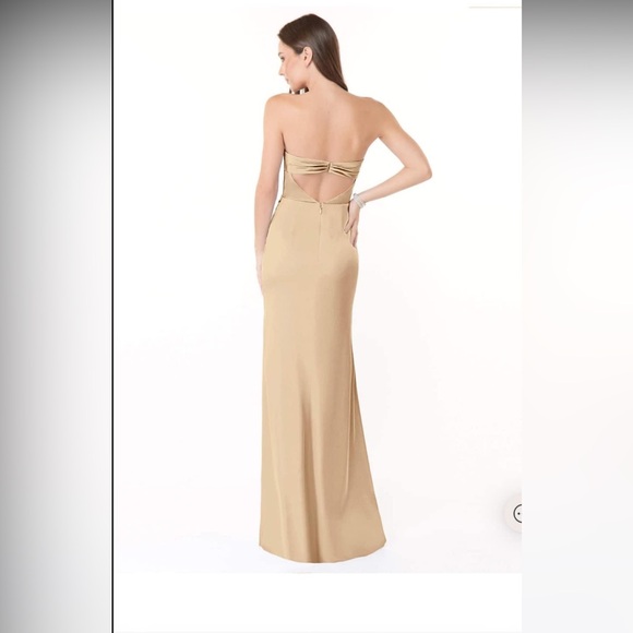 AZAZIE LEONIS Stretch Champagne Fitted Pleated Stretch Satin Dress - Picture 2 of 4